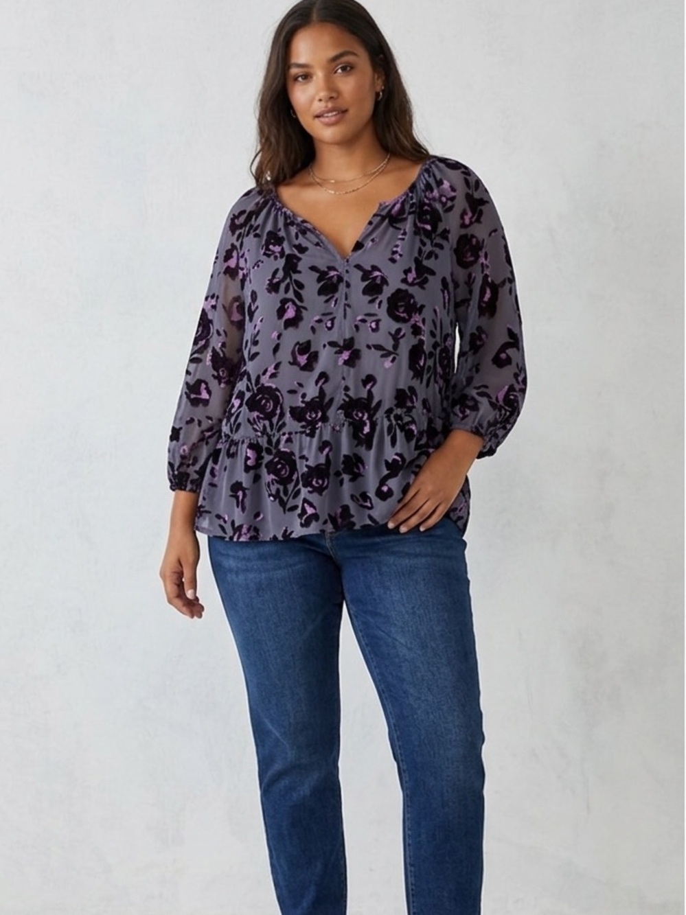 Faded Glory Purple Floral Velvet Burnout Top Semi Sheer Chiffon Peplum 90s Lg